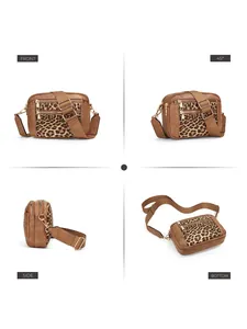 Detailed views from multiple angles of this leopard print PU leather crossbody bag.