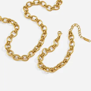 Ensemble de Bijoux en Acier Inoxydable Maille Gourmette Zirconia pour Femmes Collier Double Chaîne et Bracelet Plaqué Or