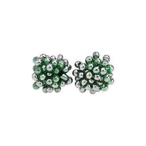 Summer fresh green crystal and silver beaded flower stud earrings for women