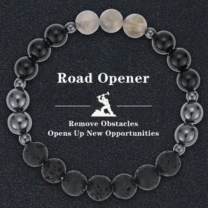 Detailed view of 8mm black obsidian and lava stone beaded bracelet for Road Opener