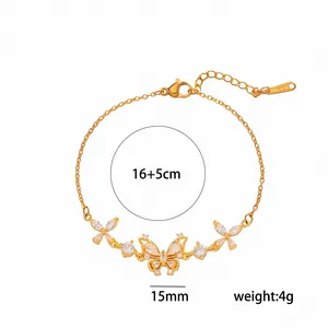 Elegante pulsera de mariposa dorada con circonitas, longitud ajustable de 16+5 cm.