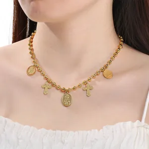 Collier Pendentif Vierge Marie en Acier Inoxydable Rétro Américain Avec Perles Artificielles Croix Multi Pendentifs Chaîne à Billes Bijoux Pour Femmes