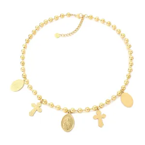 Collier de perles vintage en acier inoxydable doré avec médailles religieuses et croix