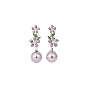Silver needle zircon flower earrings with pink pearl pendants for women