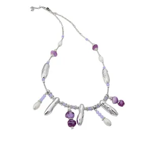 Elegant purple crystal and pearl beaded necklace with silver charms for women
