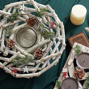 Nordic white wooden wreath candle holder with pine cones and berries for Christmas