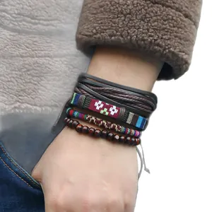 Handmade Bohemian multilayer braided leather bracelet set with rustic wooden beads