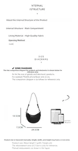 Detailed size chart of the leather crescent bag featuring dimensions and iPad mini comparison