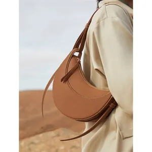 Women Elegant Half Moon Crossbody Bag Litchi Grain Cowhide Shoulder Bag With Adjustable Strap Solid Color Retro Style Satchel
