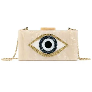 Elegant acrylic marble evening clutch bag with evil eye design and gold chain strap for women