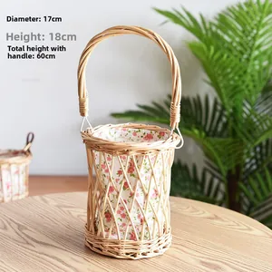 Handmade woven wicker flower basket with floral lining, dimensions 17x18x60 cm