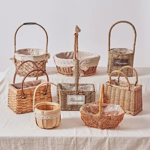 Kids Woven Straw Basket Bag Faux Artificial Pearl Handle Lace Bow Beach Summer Vacation Handbag For Girls Cute