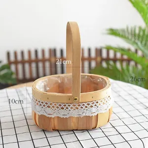 Hand-woven wooden flower basket with delicate lace trim and sturdy handle for storage