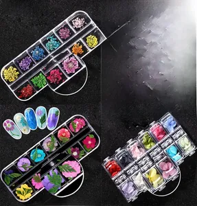 Detail shot of 12-color 3D dried flowers for nail art in various long box styles