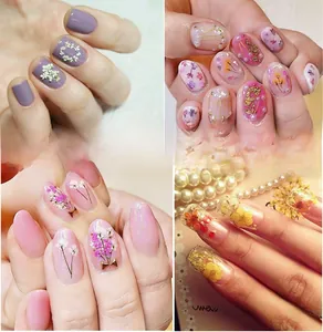 Detailed collage of Japanese style nail art with delicate colorful 3D dried flower decorations