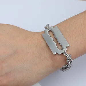 Stylish hip-hop men's stainless steel bracelet featuring a unique razor blade charm
