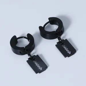 Men's hip hop black stainless steel hoop earrings with razor blade pendants design