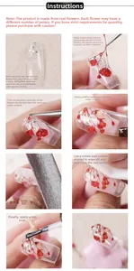 Step-by-step tutorial for applying real dried flowers in 3D nail art decoration.