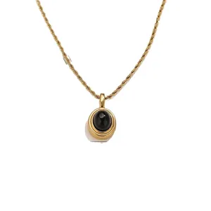 Vintage gold twisted rope chain necklace with black oval cat eye stone pendant charm