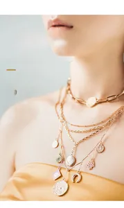 Detailed view of multi-layered gold-plated titanium steel necklace with assorted charms