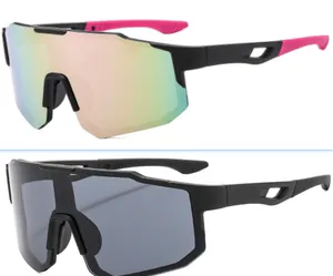 Two pairs of cycling sunglasses with windproof shield lenses in pink and black.