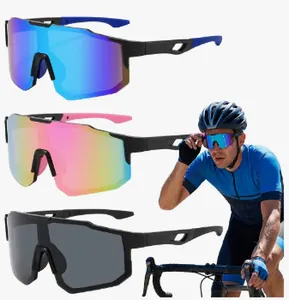Detail of cycling sunglasses in various lens colors with a rider demonstration.