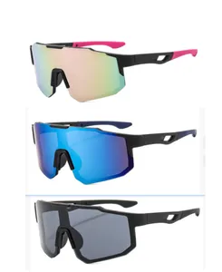 Detail view of three cycling sunglasses with gold, blue, and grey tinted lenses