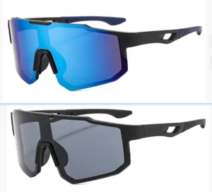 Detailed display of cycling sunglasses in blue mirrored and dark grey lens options.