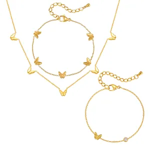 Élégante parure de bijoux en acier inoxydable doré avec collier et bracelet papillon