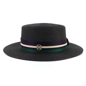 Women Flat Top Boater Hat Summer Paper Straw Sun Hat With Striped Ribbon Metal Logo Rhinestone Wide Brim Beach Vacation Hat