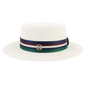Elegant white flat-top boater straw hat with colorful ribbon and gold M logo