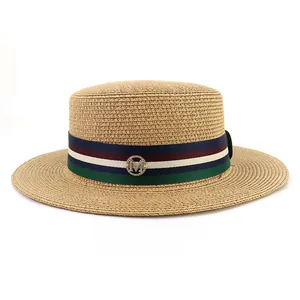 Classic flat top boater straw hat with multi-color striped ribbon and M-metal badge