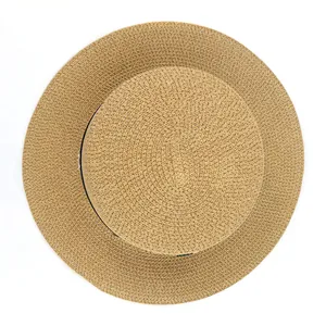Top down view of a flat top boater hat with fine straw weaving and dark ribbon band