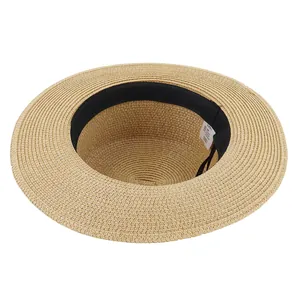 Fashionable flat top straw hat with wide brim for sun protection in natural khaki color