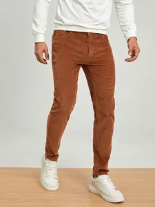 Men's Corduroy Casual Pants Solid Color Cotton Blend Slim Fit Straight Leg Trousers For Business Daily Office Wear
