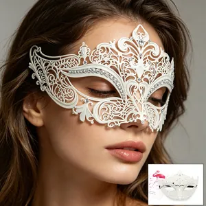 Elegant white filigree metal masquerade mask with sparkling rhinestones for women