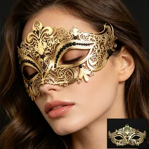 Gold metal masquerade mask with black rhinestones for Halloween parties