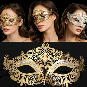Masquerade Mask Metal Filigree Rhinestone Laser Cut Venetian Halloween Party Ball Accessories For Women