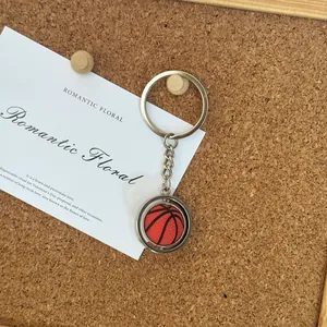 Detail of a rotating basketball keychain with orange ball in a silver metal ring