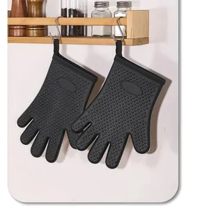 Pair of black silicone heat-resistant oven mitts with non-slip texture and hanging loop