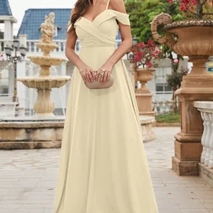 Elegant Off Shoulder Chiffon Evening Dress Pleated V Neck High Waist A Line Maxi Gown For Women Wedding Party Gown