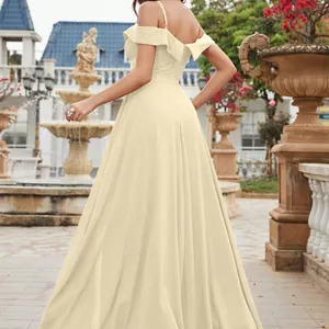 Elegant off-shoulder cream chiffon evening gown back view for a summer prom party