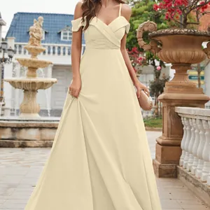 Elegant cream off-the-shoulder chiffon evening gown for prom with a pleated bodice