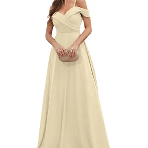 Elegant off-the-shoulder champagne chiffon evening gown for prom and formal parties