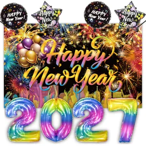 Festive 2027 New Year party decoration set with backdrop and rainbow foil balloons