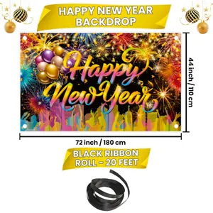 Colorful Happy New Year backdrop banner 72x44 inch including 20ft black ribbon roll