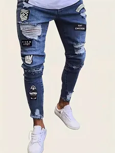 Men Slim Fit Ripped Jeans With Streetwear Embroidery Patches Distressed Navy Blue Cotton Blend Denim Pants Hip Hop Trousers