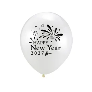 White 2027 Happy New Year balloon with black festive firework print for party