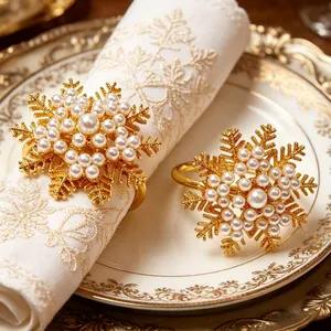 Christmas Napkin Rings Alloy Metal Artificial Pearl Rhinestone Snowflake Reindeer Tree Holiday Table Decoration Banquet Accessories