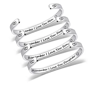 Stainless Steel Cuff Bracelet Remember I Love You Family Gift Minimalist Adjustable Jewelry For Mom Dad Son Daughter